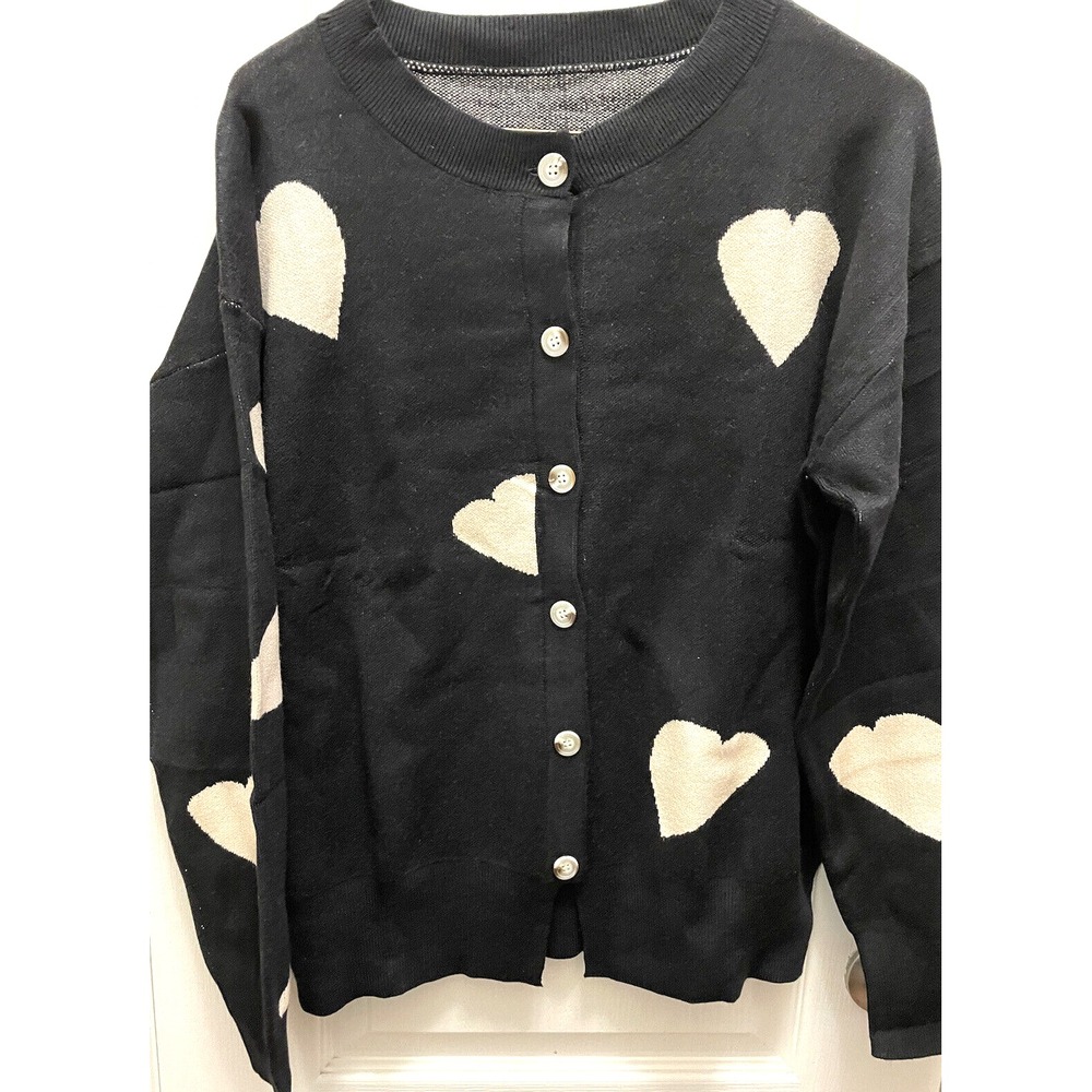 Womans Knit Cardigan Button Down Open Front Sweater with Beige Hearts Size Large - Picture 2 of 14